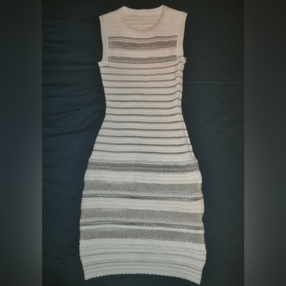 Alaia White and Gray Mesh Striped Bodycon Midi Dress